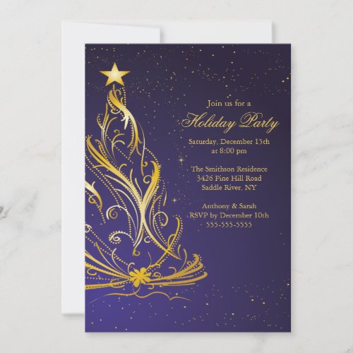 Modern Gold &amp; Blue Christmas Holiday Party Custom Invite