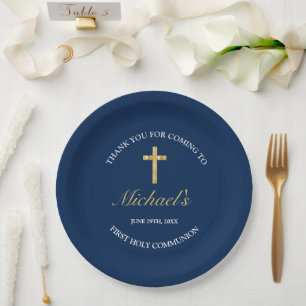 Modern Gold Blue Cross First Communion Reception Paper Plates