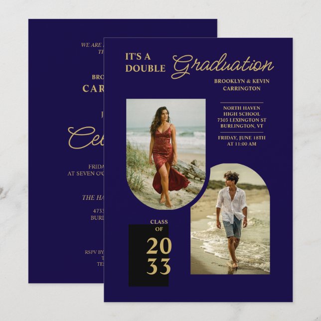 Modern Gold Blue Double Grad 2 Photo TMF26 Invitation (Front/Back)