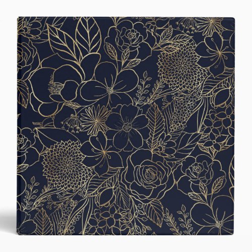 Modern Gold Blue Floral Doodles line art 3 Ring Binder