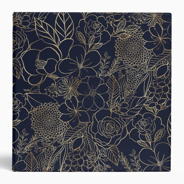 Modern Gold Blue Floral Doodles line art 3 Ring Binder (Front)