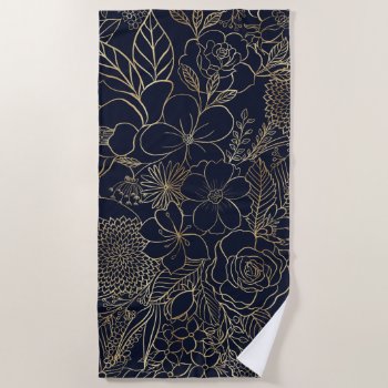 Modern Gold Blue Floral Doodles Line Art Beach Towel by InovArtS at Zazzle
