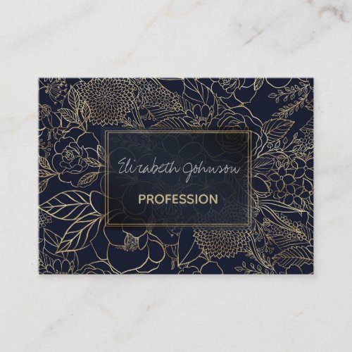 Modern Gold Blue Floral Doodles line art Business Card