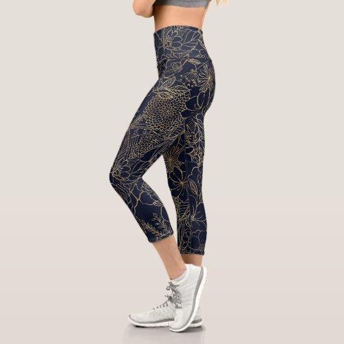 Modern Gold Blue Floral Doodles line art Capri Leggings