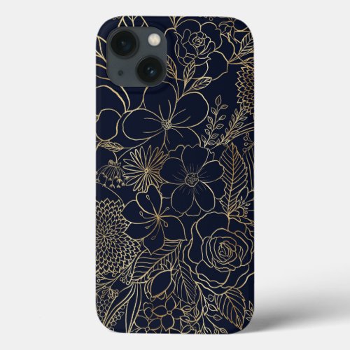 Modern Gold Blue Floral Doodles line art iPhone 13 Case