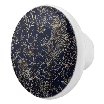 Modern Gold Blue Floral Doodles Line Art Ceramic Knob by InovArtS at Zazzle