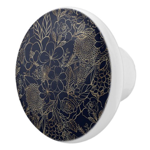 Modern Gold Blue Floral Doodles line art Ceramic Knob