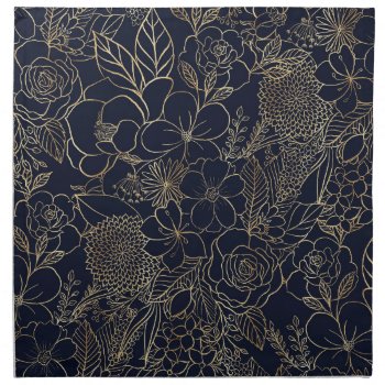 Modern Gold Blue Floral Doodles Line Art Cloth Napkin by InovArtS at Zazzle