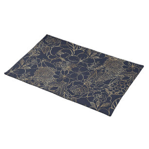 Modern Gold Blue Floral Doodles line art Cloth Placemat
