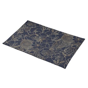 Modern Gold Blue Floral Doodles Line Art Cloth Placemat by InovArtS at Zazzle