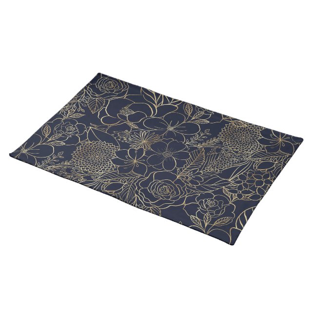 Modern Gold Blue Floral Doodles line art Cloth Placemat (On Table)