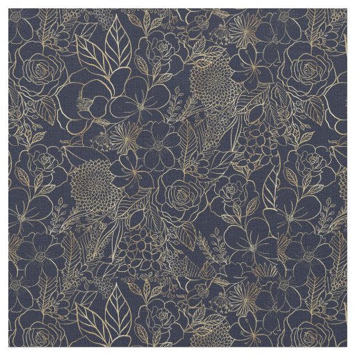 Modern Gold Blue Floral Doodles line art Fabric