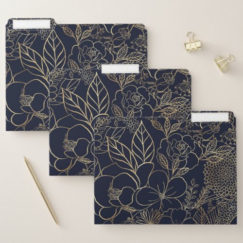 Modern Gold Blue Floral Doodles line art File Folder