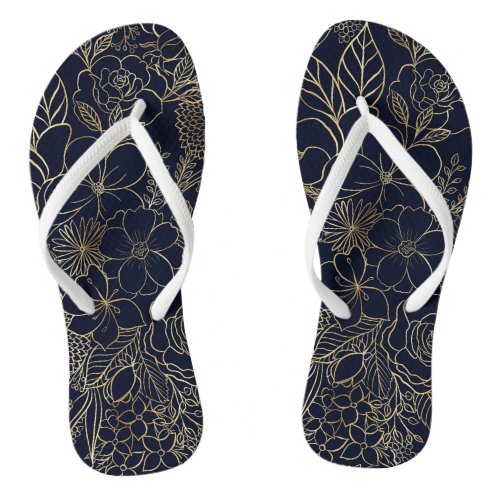 Modern Gold Blue Floral Doodles line art Flip Flops