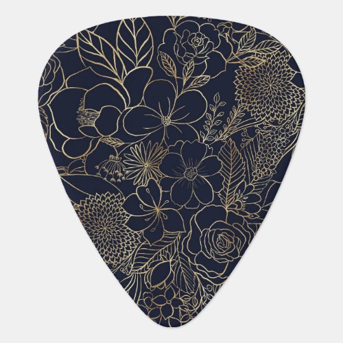 Modern Gold Blue Floral Doodles line art Guitar Pick