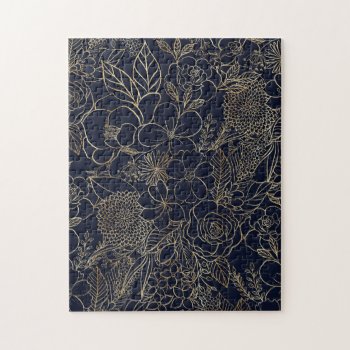 Modern Gold Blue Floral Doodles Line Art Jigsaw Puzzle by InovArtS at Zazzle