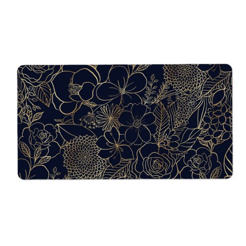 Modern Gold Blue Floral Doodles line art Label