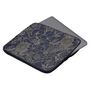 Modern Gold Blue Floral Doodles Line Art Laptop Sleeve by InovArtS at Zazzle