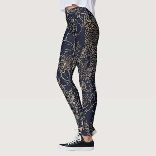 Modern Gold Blue Floral Doodles line art Leggings