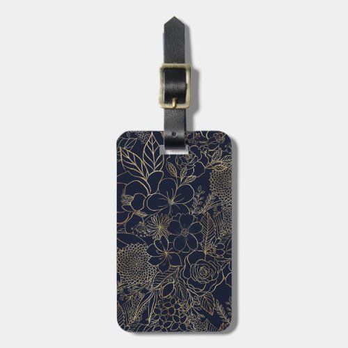 Modern Gold Blue Floral Doodles line art Luggage Tag