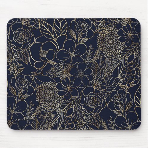 Modern Gold Blue Floral Doodles line art Mouse Pad