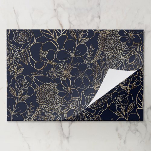 Modern Gold Blue Floral Doodles line art Paper Pad
