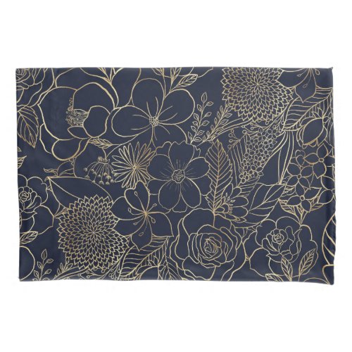 Modern Gold Blue Floral Doodles line art Pillow Case