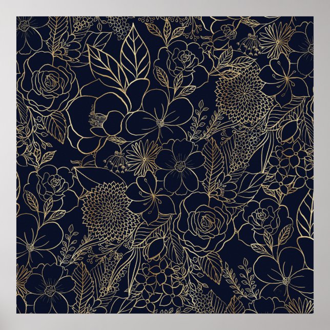 Modern Gold Blue Floral Doodles line art Poster (Front)