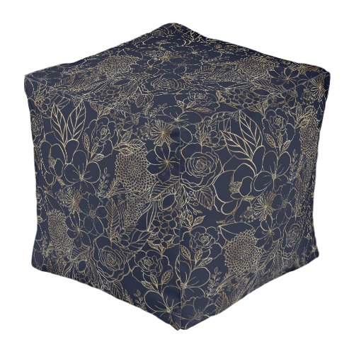 Modern Gold Blue Floral Doodles line art Pouf