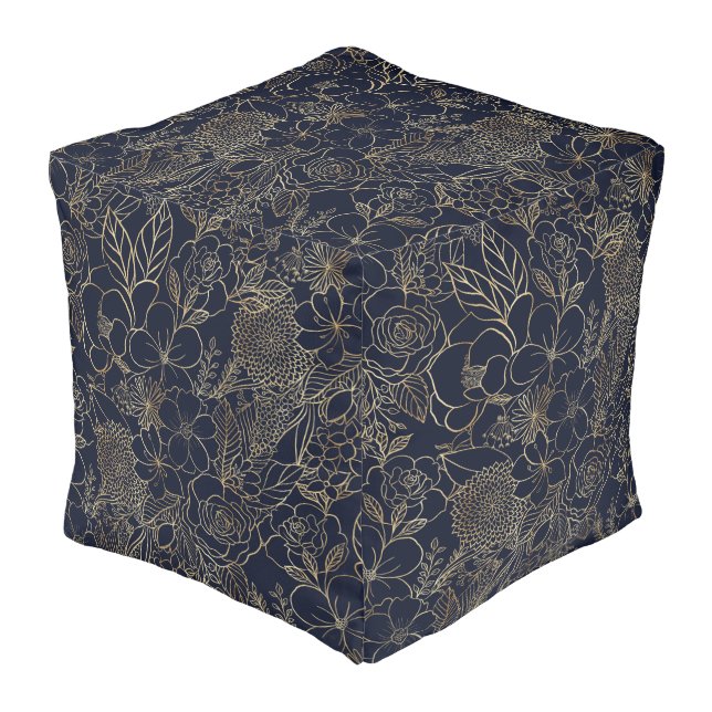 Modern Gold Blue Floral Doodles line art Pouf (Angled Front)