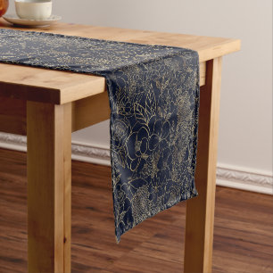 Modern Gold Blue Floral Doodles line art Short Table Runner