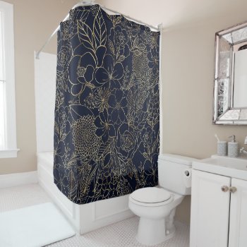 Modern Gold Blue Floral Doodles Line Art Shower Curtain by InovArtS at Zazzle