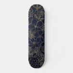 Modern Gold Blue Floral Doodles Line Art Skateboard at Zazzle