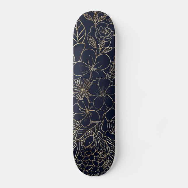 Modern Gold Blue Floral Doodles line art Skateboard (Front)