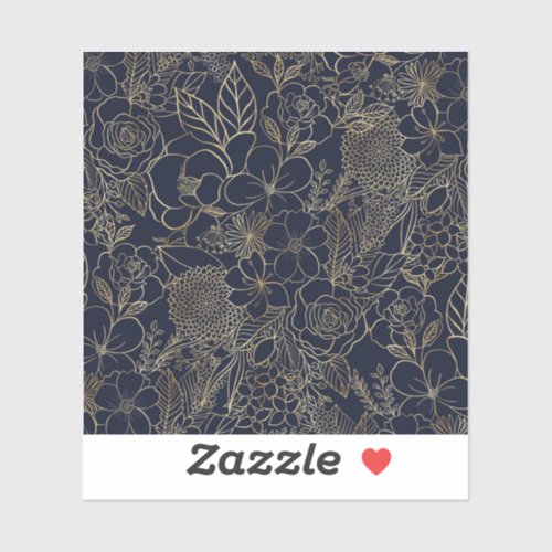 Modern Gold Blue Floral Doodles line art Sticker