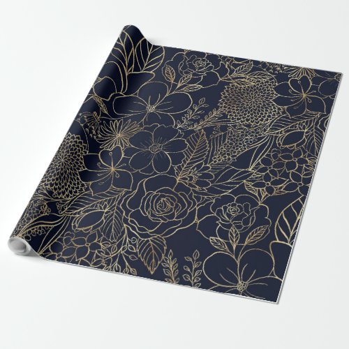 Modern Gold Blue Floral Doodles line art Wrapping Paper