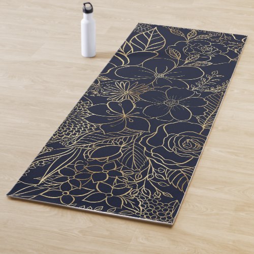 Modern Gold Blue Floral Doodles line art Yoga Mat