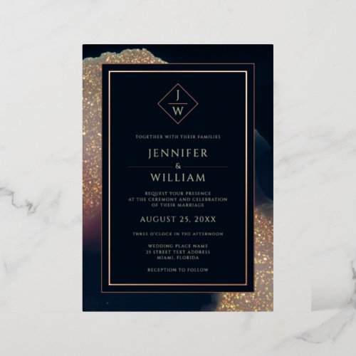 Modern Gold Blue Formal Classic Initial Elegant Foil Invitation