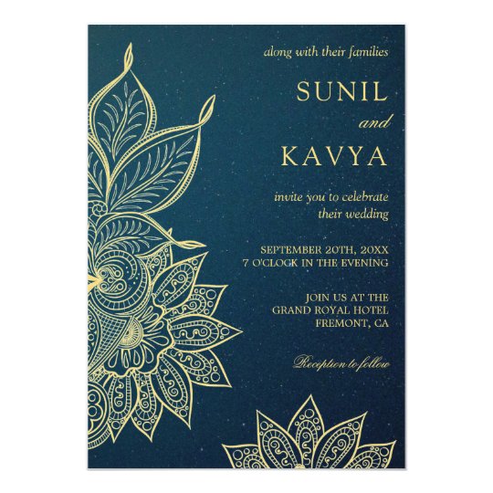 Modern Gold Blue Galaxy Henna Indian Wedding Invitation Zazzle Com