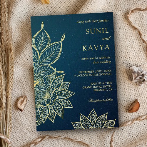 Modern Gold Blue Galaxy Henna Indian Wedding Invitation