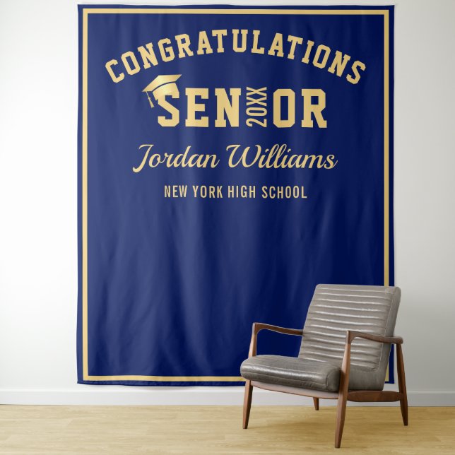 Modern Gold Blue Graduation Photo Booth Backdrop (In Situ)