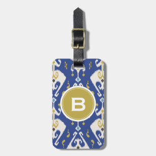 Modern gold blue ikat tribal pattern monogram luggage tag