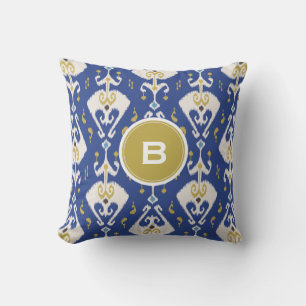 Modern gold blue ikat tribal pattern monogram throw pillow