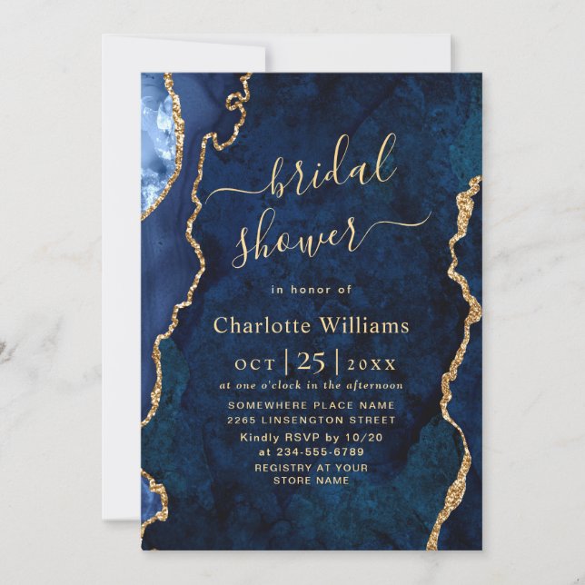 Modern Gold Blue Marble Agate Bridal Brunch Invitation (Front)
