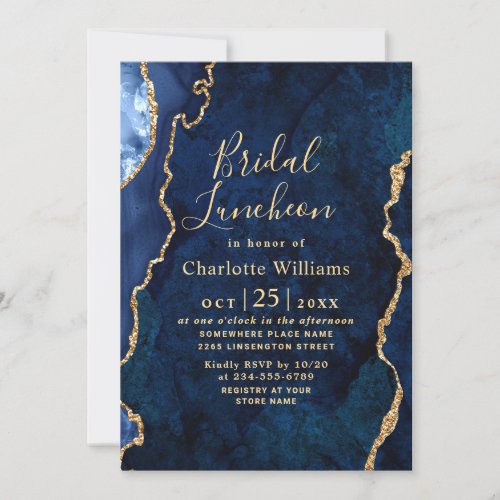 Modern Gold Blue Marble Agate Bridal Luncheon Invitation