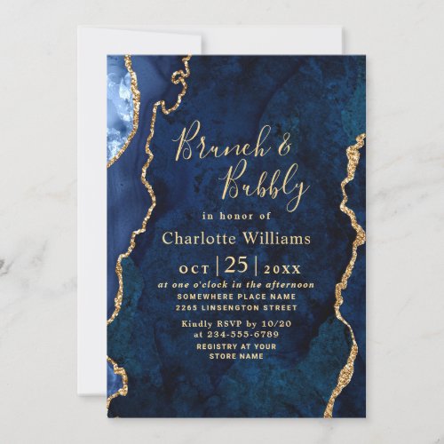 Modern Gold Blue Marble Agate Brunch  Bubbly Invitation