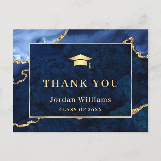 Modern Gold Blue Marble Agate Graduation Thank You Postcard (Front)