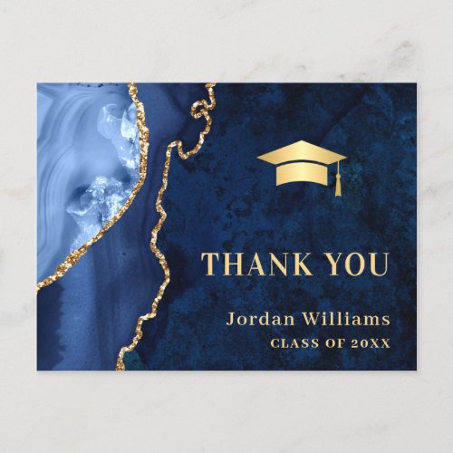 Modern Gold Blue Marble Agate Graduation Thank You Postcard - Modern Gold Blue Marble Agate Graduation Thank You Postcard.