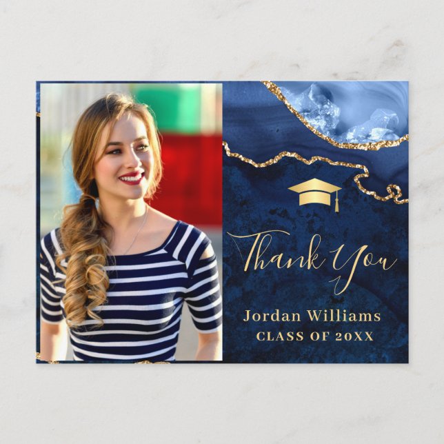 Modern Gold Blue Marble Agate Graduation Thank You Postcard (Front)