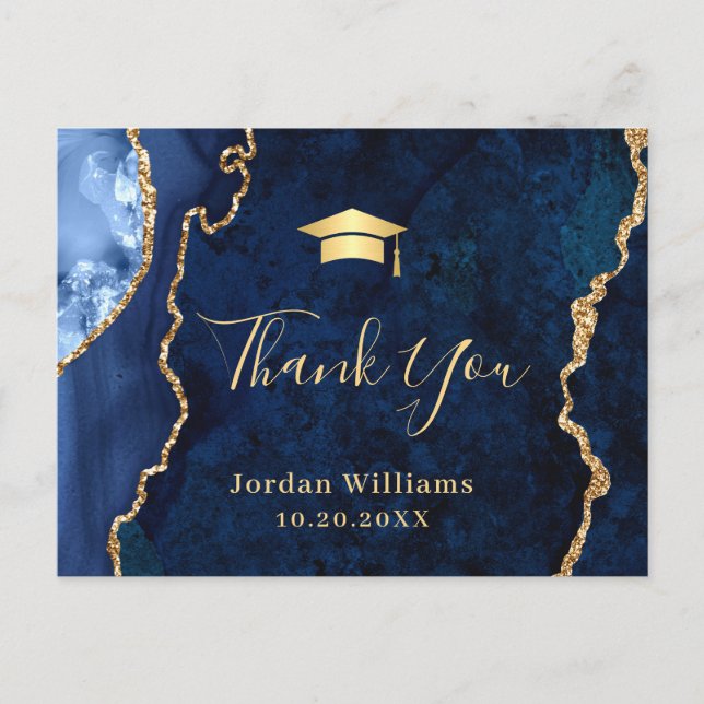Modern Gold Blue Marble Agate Graduation Thank You Postcard (Front)